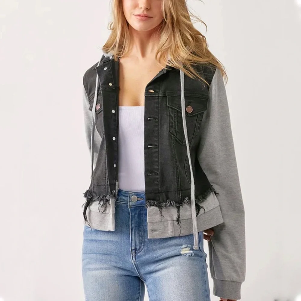 Risen Layered Denim Jacket Removable Hood Womens 2XL Black Distressed Gray Terry